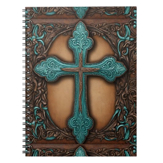 Turquoise Brown Religious Western Country Cross Notitieboek (Voorkant)