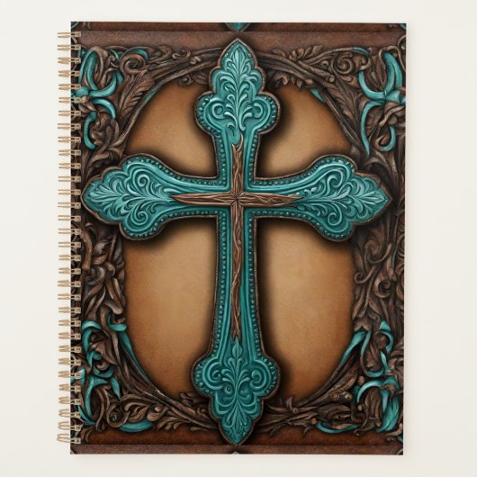 Turquoise Brown Religious Western Country Cross Planner (Voorkant)