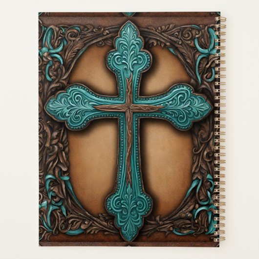 Turquoise Brown Religious Western Country Cross Planner (Achterkant)