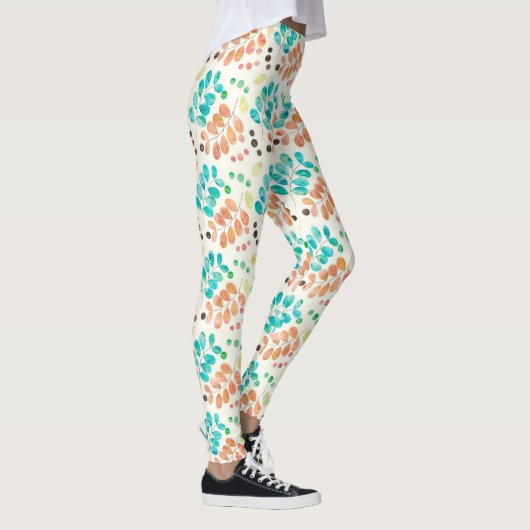 Turquoise & Brown Waterverf Leaf Pattern Leggings (Rechts)