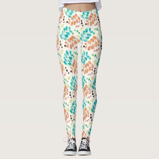 Turquoise & Brown Waterverf Leaf Pattern Leggings (Voorkant)