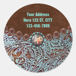 turquoise brown western land met gereedschap ronde sticker