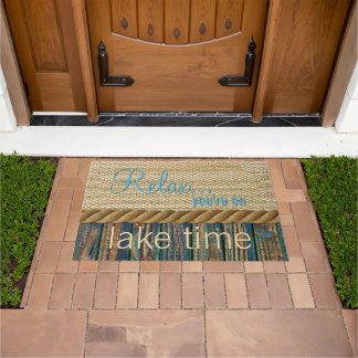 Turquoise Brown Wood look Faux Burlap Patroon Deurmat