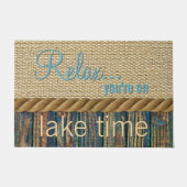 Turquoise Brown Wood look Faux Burlap Patroon Deurmat (Voorkant)