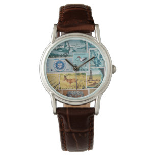 Turquoise Brown Wristwatch, postage Stamp Art Horloge