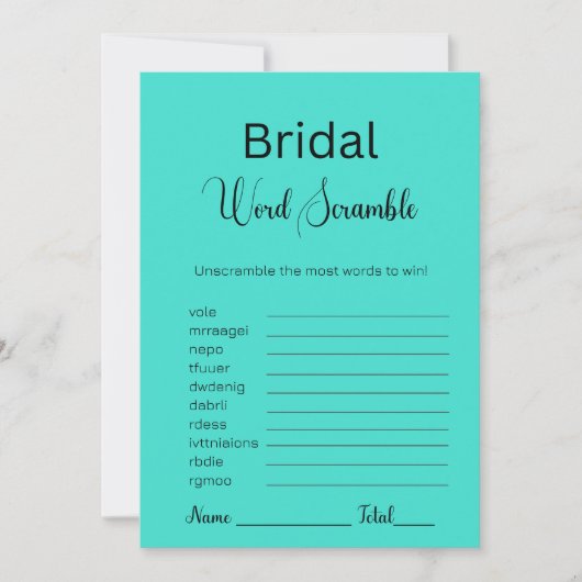 Turquoise bruids woord scramble spel kaart (Voorkant)