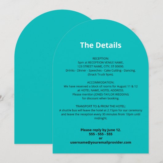 Turquoise bruiloft Details Kaart (Voorkant / Achterkant)