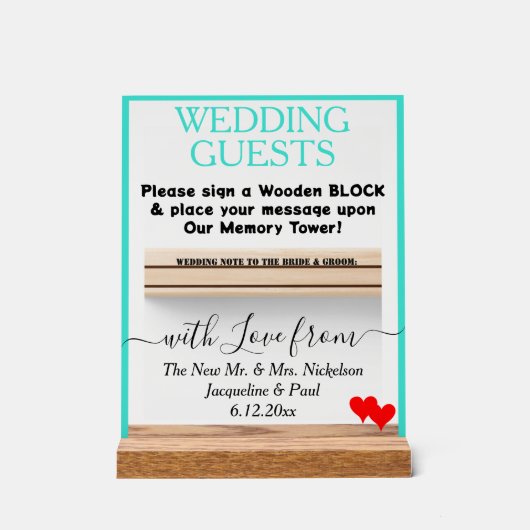 Turquoise Bruiloft Houten Blok Gastenboek Harten Acryl Bord (Voorkant)