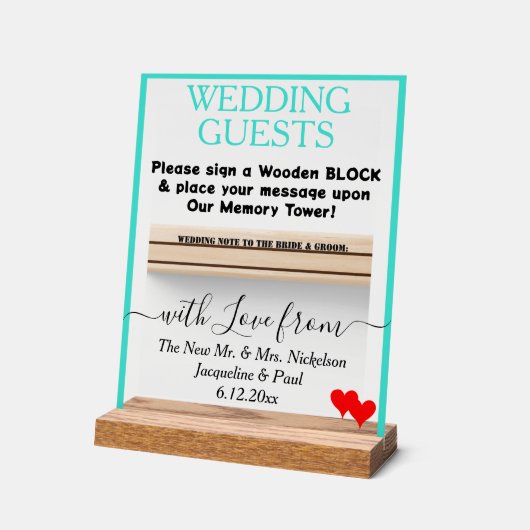 Turquoise Bruiloft Houten Blok Gastenboek Harten Acryl Bord (Hoek)