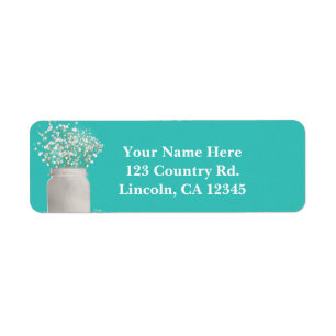 Turquoise Bruiloft Mason Jar & Babys Breath Etiket