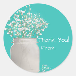 Turquoise Bruiloft Mason Jar & Babys Breath Ronde Sticker