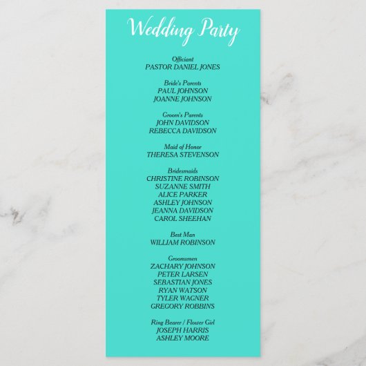 Turquoise bruiloft programma programmakaart (Achterkant)