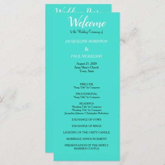 Turquoise bruiloft programma programmakaart (Voorkant / Achterkant)