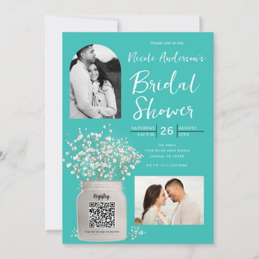 Turquoise Bruiloftfeest Mason Pot & Baby's Breath Kaart (Voorkant)
