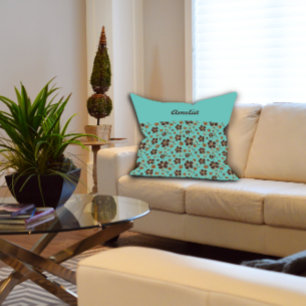 Turquoise Bruin Bloemen Patroon Cottagecore naam Kussen