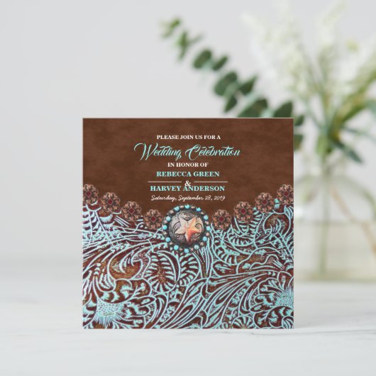 turquoise bruin cowboy land western bruiloft kaart (Staand voorkant)