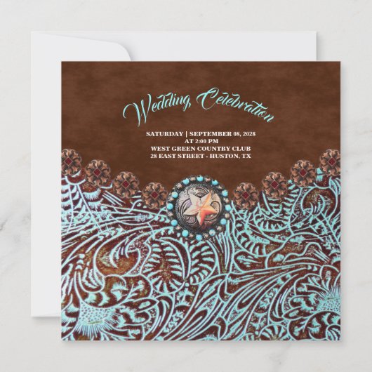 turquoise bruin cowboy land western bruiloft kaart (Achterkant)