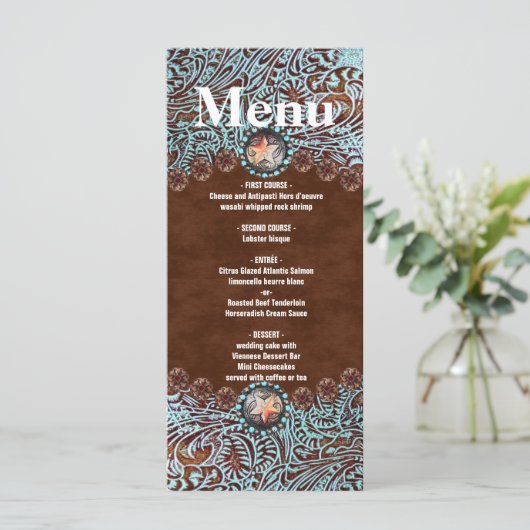 Turquoise bruin cowboy western huwelijksmenu menu (Staand voorkant)