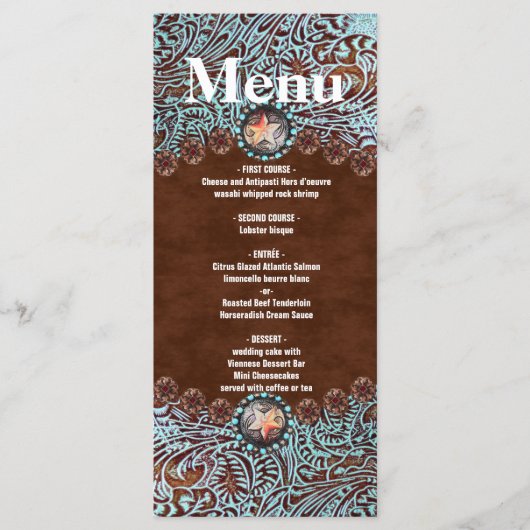 Turquoise bruin cowboy western huwelijksmenu menu (Voorkant)