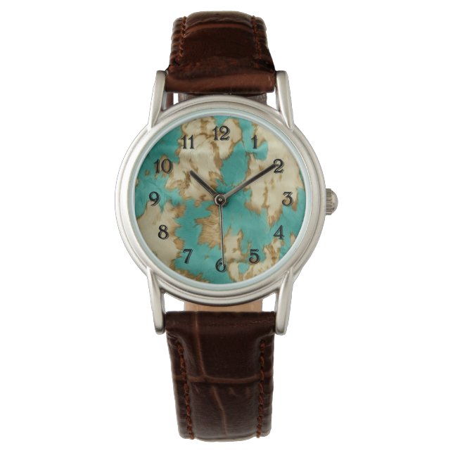 Turquoise bruin crème dierlijk Koeienhuid Western Horloge (Voorkant)