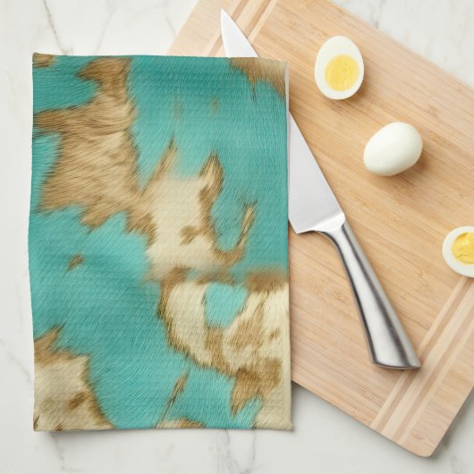Turquoise bruin crème dierlijk Koeienhuid Western Theedoek (Quarter Fold)