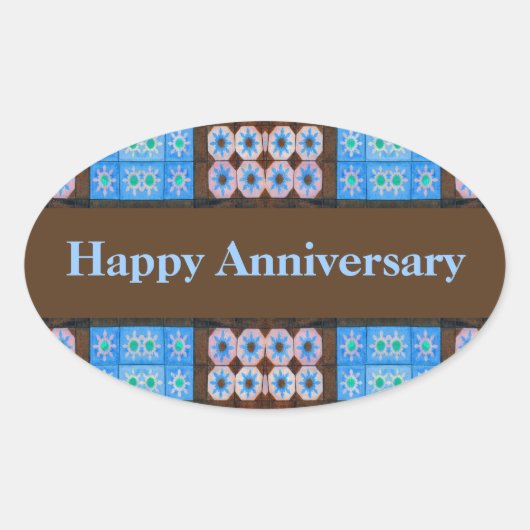 Turquoise Bruin Gelukkig Jubileum Ovale Sticker (Voorkant)