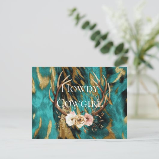 Turquoise Bruin Goud Koeienhuid Deer Antlers Flora Briefkaart (Staand voorkant)