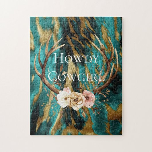 Turquoise Bruin Goud Koeienhuid Deer Antlers Flora Legpuzzel (Verticaal)