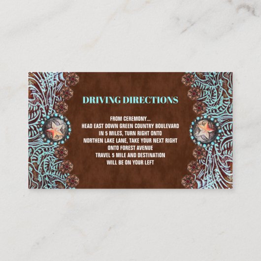 turquoise bruin land westerne bruiloft richting informatiekaartje (Achterkant)