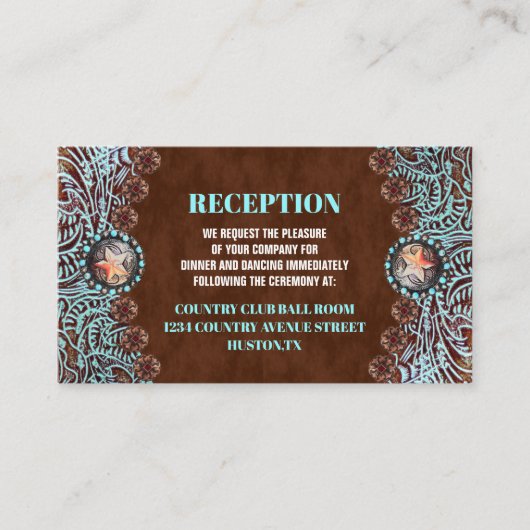 turquoise bruin land westerne bruiloft richting informatiekaartje (Voorkant)