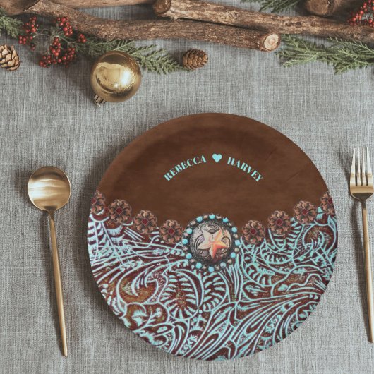 Turquoise bruin lederen cowboyland western papieren bordje