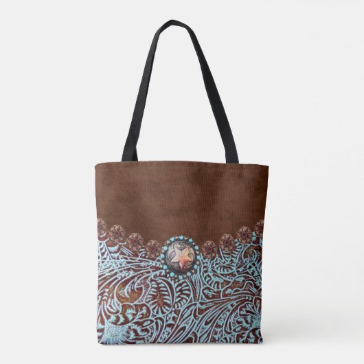 Turquoise bruin lederen cowboyland western tote bag (Achterkant)