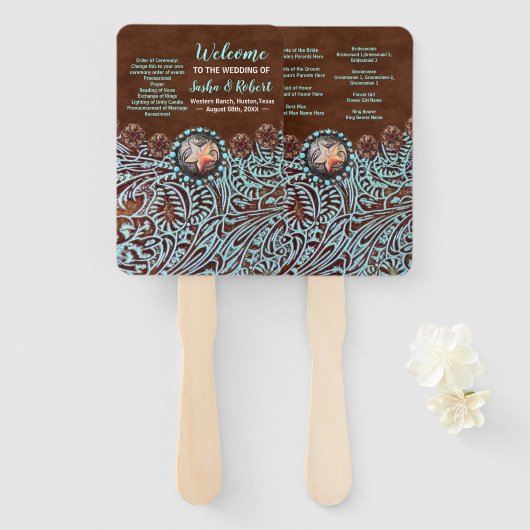 turquoise bruin western land bruiloft programma's handwaaier (Voorkant en achterkant)