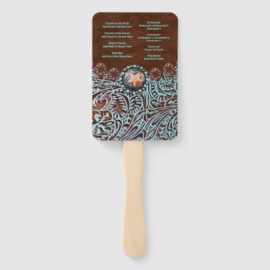 turquoise bruin western land bruiloft programma's handwaaier (Achterkant)