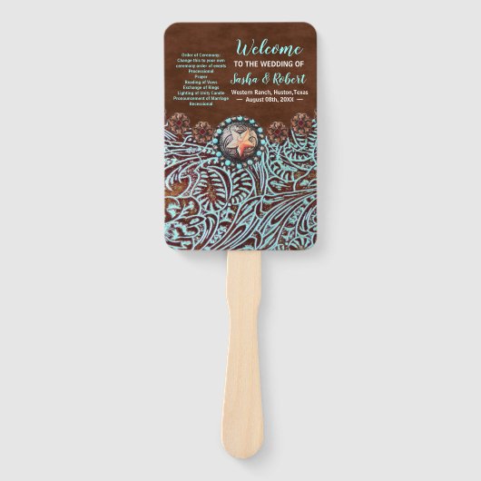 turquoise bruin western land bruiloft programma's handwaaier (Voorkant)