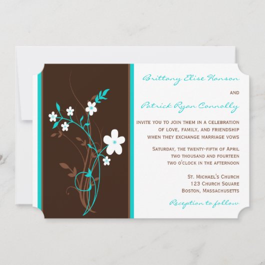 Turquoise, bruin, White Floral Wedding Invitation Kaart (Voorkant)