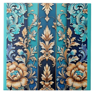 Turquoise Bruine Bloemendamask Tegel Westerse Stij Tegeltje