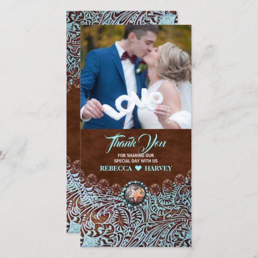 turquoise bruine country western bruiloft dank je bedankkaart (Voorkant / Achterkant)