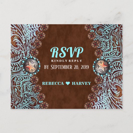 turquoise bruine country western bruiloft RSVP Uitnodiging Briefkaart (Voorkant)