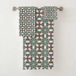 Turquoise, bruine en witte geometrische mandala  bad handdoek