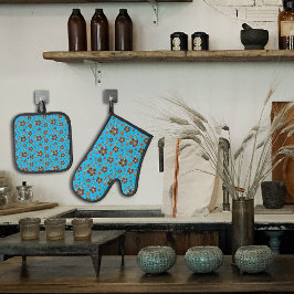 Turquoise bruine natuurlijke bloem ovenwant & pannenlap set