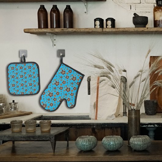 Turquoise bruine natuurlijke bloem ovenwant & pannenlap set