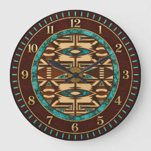 Turquoise & Bruine Tribale Wandklok met Tapijtpatr