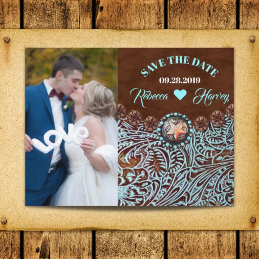 turquoise bruine westerse bruiloft save the date aankondigingskaart