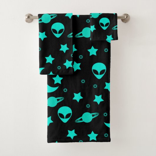 Turquoise buitenaards patroon met sterren en manen bad handdoek (Insitu)