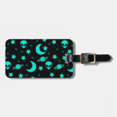 Turquoise buitenaards patroon met sterren en manen bagagelabel (Voorkant horizontaal)