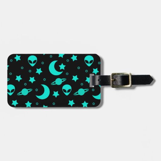 Turquoise buitenaards patroon met sterren en manen bagagelabel (Voorkant horizontaal)