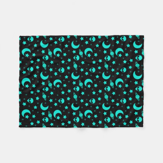 Turquoise buitenaards patroon met sterren en manen fleece deken (Voorkant (Horizontaal))