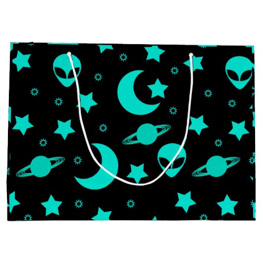 Turquoise buitenaards patroon met sterren en manen groot cadeauzakje (Achterkant)