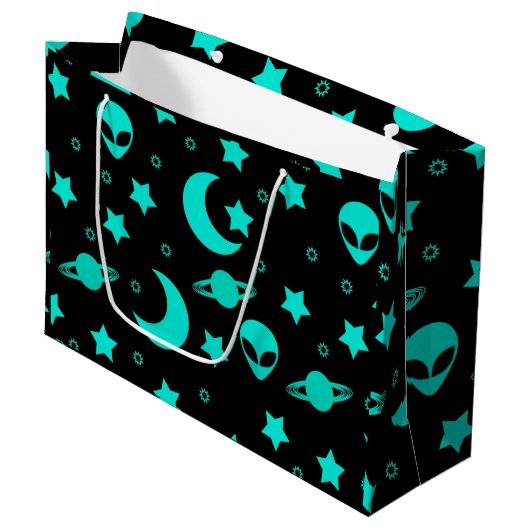 Turquoise buitenaards patroon met sterren en manen groot cadeauzakje (Voorkant Gekanteld)